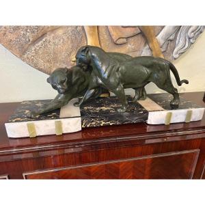 Pair Of Art Deco Panthers On A Marble Base, Signed Plagnet
