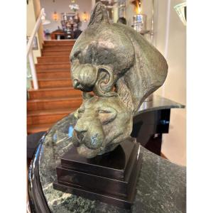 Art Deco Sculpture Of Two Panther Heads, Signed M. Leducq