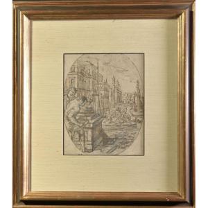 Venetian School, 17th Century – Urban Construction Scene, Brown Ink And Blue Wash – Former Attr