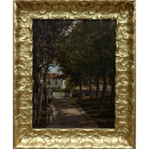 Great 19th Century Impressionist...walnut Picking In Isère...h. Baudon