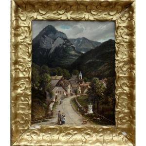 Beautiful 19th Century Impressionist Canvas - A Lively Village In The Isère Mountains? - H. Baudon