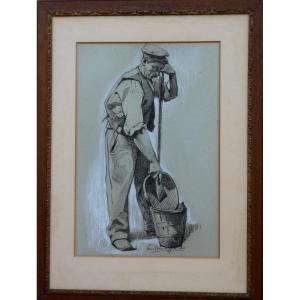 Louis Carrier-belleuse 1848-1913 -large Charcoal 1884 - The Bitumen Worker