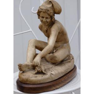 Large 19th Century Sculpture - Nude Young Neapolitan Fisherman Playing With A Turtle - Francois Rude?