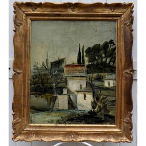 Interesting "cubic" Painting 1930 - Mediterranean Landscape In Italy - M. Regianni?
