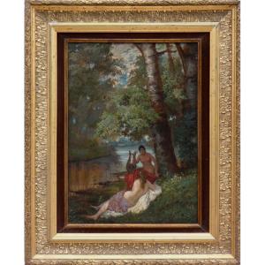 A. Durand 19th Century...large Mythological Canvas 1882...young Women On The Banks Of A River