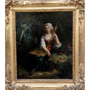 Large 19th Century Canvas - Young Spinner In The Forest & Her Basket Of Flowers - Attributed To Xavier Sigalon?
