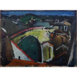 Large Cubist Painting, 1930-1940 - Landscape Of A Village With A Yellow Bridge - Signature?