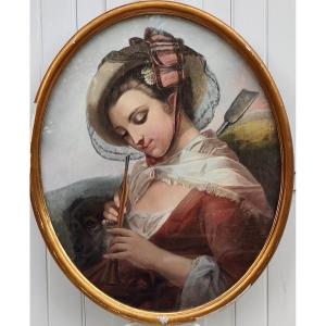 Large Pastel Mounted On Canvas, 19th Century - The Art Of Romanticism - Young Woman With A Clarinet - Signed?