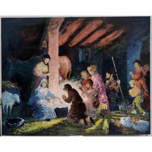 Roger Guy Charman 20th Century - Large Canvas - Biblical Scene Of The Nativity & The Adoration Of The Shepherds