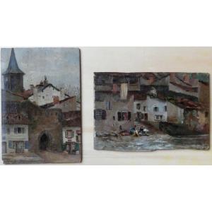 Fine Impressionist Paintings, 19th Century - Village & Washermen - Basque Country, Périgord - Signed?