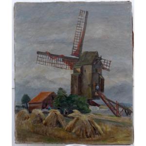 Céline Tabary 1908-1993 - Large Canvas - Lively Landscape In The Pas-de-calais With Windmill