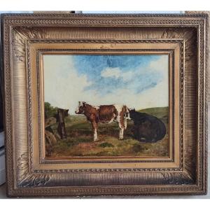 François Simon 1818-1896 - Large Barbizon Canvas - View Of A Countryside With A Cow & Her Calf