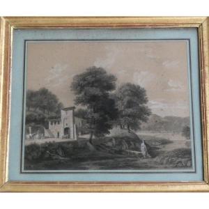Large Classical Drawing, Early 19th Century - Italian Landscape Near Ronciglione - Workshop Of Jv Bertin