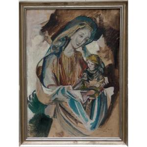 Hans Baumhauer 1913-2001 - Beautiful Gouache - Master Glass Artist Native Of Munich - Madonna And Child 