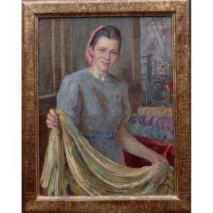 Large Impressionist Canvas 1949 - Russian School - Young Woman Textile Worker - Signed? 