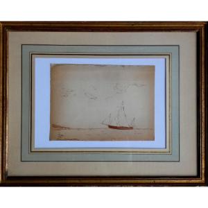 Félix Ziem 1821-1911 - Sepia Ink Drawing - Studio Sale No. 149 - Seascape With Sailing Boat
