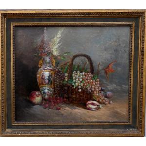 Large 19th Century Canvas... Still Life Of Fruit & Flowers, Chinese Vase & Hornet... Signature?
