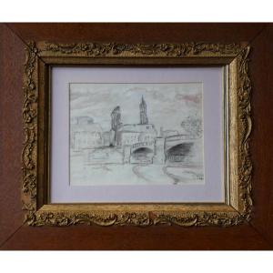 Maximilien Luce 1858-1941--watercolor Study--urban Landscape With River Crossed By A Bridge