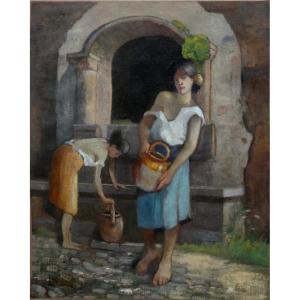 Large 19th Century Impressionist Canvas - Women At The Fountain - Something Of Gauguin - Signed? 