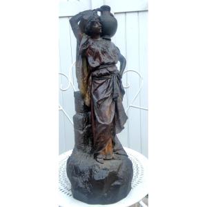 Large Orientalist Sculpture 1900 - Polychrome Terracotta - Young Woman Carrying Water
