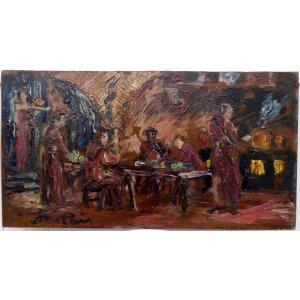 Jean Lair De La Haye 1889-1964...post-impressionist Painting...scene Of A Monks' Meal 