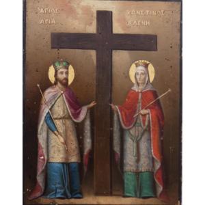 Large Greek Orthodox Icon, 19th Century - Byzantine Painting - Saint Helena & Saint Constantine