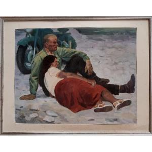 Large Painting Circa 1960 - The Couple On A Motorcycle - An Artist From The Ukrainian School Of Fine Arts