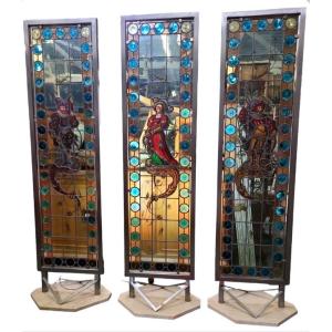 Meeting Of Three Important Stained Glass Windows In Neo Renaissance Style - 19th Century