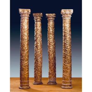 Important Suite Of Carved And Gilded Oak Columns - Italy, 18th Century.