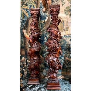 Pair Of Baroque Style Oak Columns - 18th Century