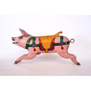 Gustave Bayol Fairground Art, Carnival Theme "pig", Carved Wood And Polychrome, 1900
