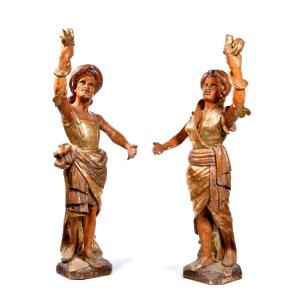 Pair Of Nubian Torchères In Molded Wood - Italy, 18th Century