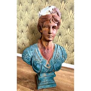 Female Bust In Cast Iron With Polychrome Highlights - 19th. Century