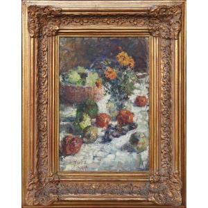 Czech Painter Ludvík Kuba 1863 – 1956 Prague "still Life With Fruits And Flowers"