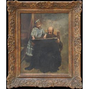Czech Painter Václav Brožík (1851 - 1901 Paris) "man And Girl With A Book"