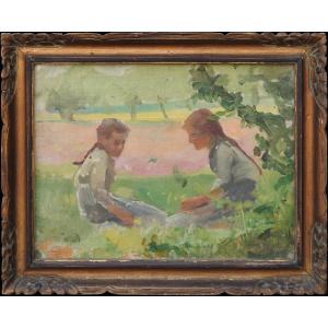 František Dvořák (brunner) 1862 - 1927 Prague "children In The Garden" Study