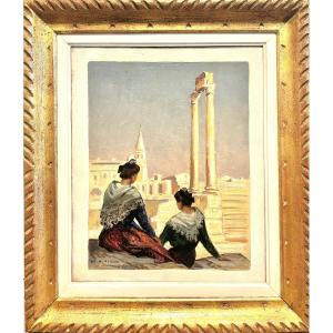 Gustave Vidal (1895 - 1966) - Two Arlesian Women In Front Of The Arles Antic Theater
