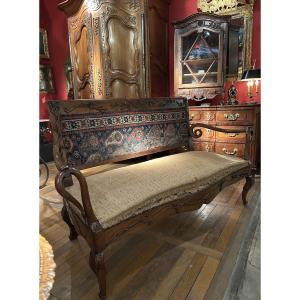 Richly Carved Walnut Wood Bench "folk Art"