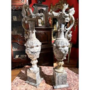 Pair Of Alabaster Ewers 
