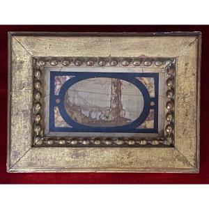 Paesina Plaque Mounted In Marquetry In A Gilded Frame - 17th Century