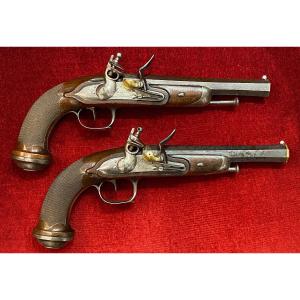 Pair Of Flintlock Officer's Pistols Signed "manufacture Royale De St Etienne" - Circa 1815