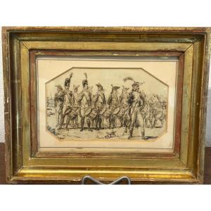 Ink Drawing - Head Of Column Of The Foot Grenadiers Of The Consular Guard - Empire