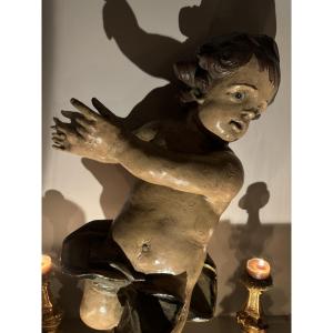 18th Century Polychrome Carved Wooden Putto