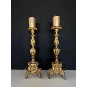 Pair Of Carved And Gilded Wooden Candlesticks, 17th Century