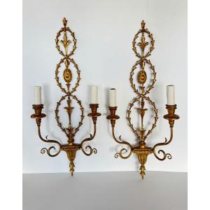 Pair Of Gilded Carved Wood Wall Sconces – Neoclassical Style