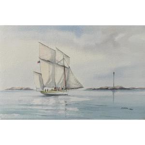 Watercolor, Three-masted Square-rigged Ship