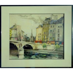 "paris" Watercolor By Pierre Jean Letaudy Around 1950