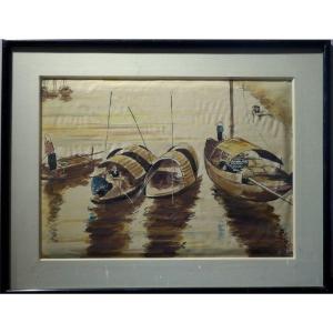 "vietnamesian Boats" Signed And Stamp, Indochina Around 1950
