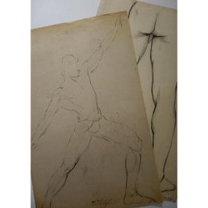 'the Athlete, Buttocks And Legs' 2 Drawings By Edmond Vales