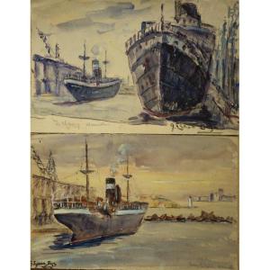 Lot Of 2 Views "port Of Marseille" By G.izaure Dezes Circa 1920/25